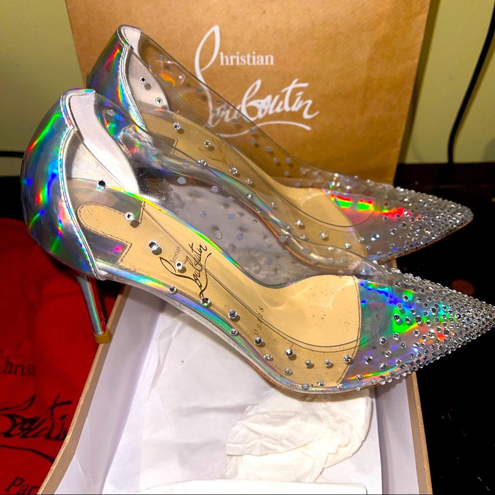 Christian Louboutin red bottoms degrastrass PVC/patent Rhinestones iridescent 38
